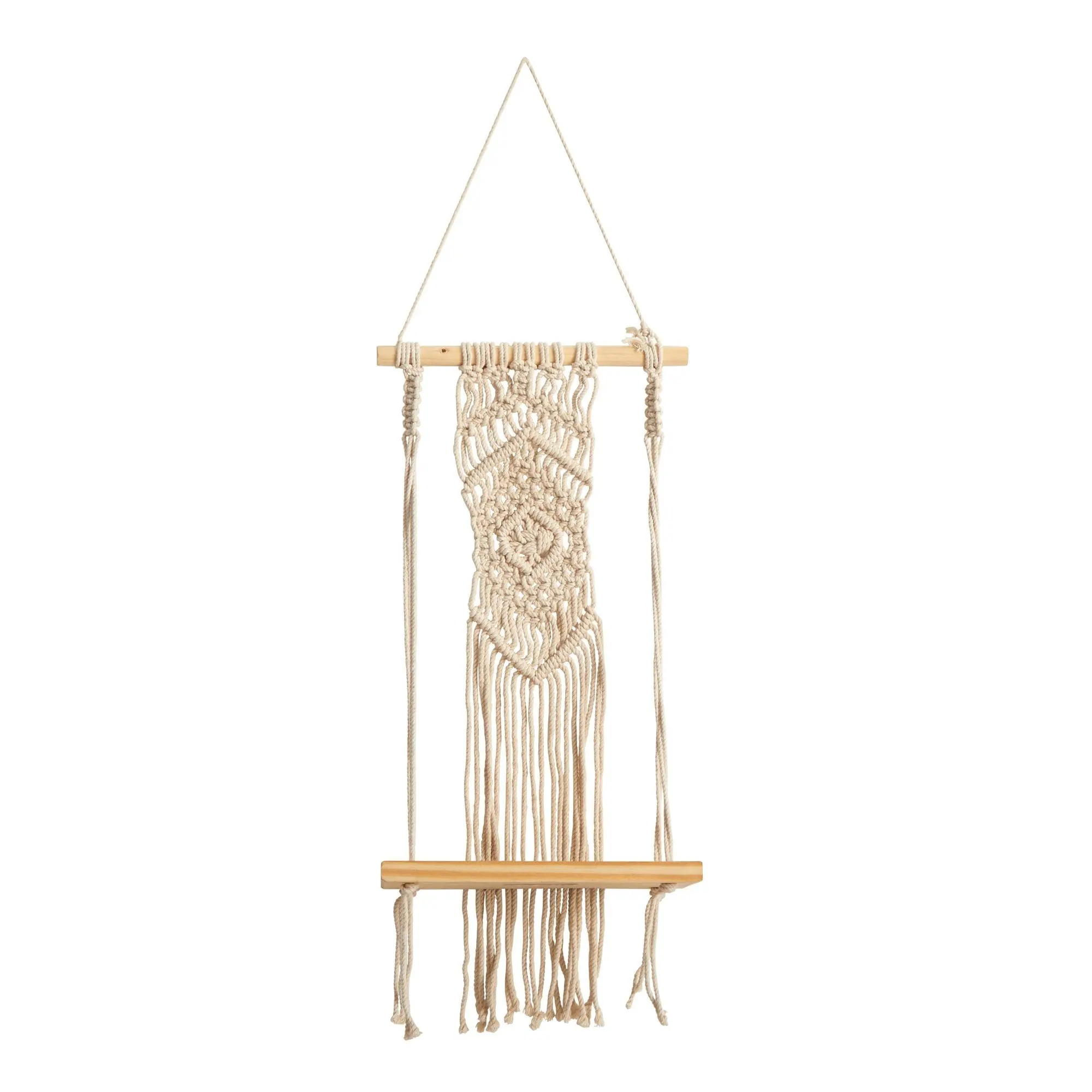 22” Boho Chic Wood Macrame Hanging Shelf with Diamond Weave, Wall Hanging Decor for Plants