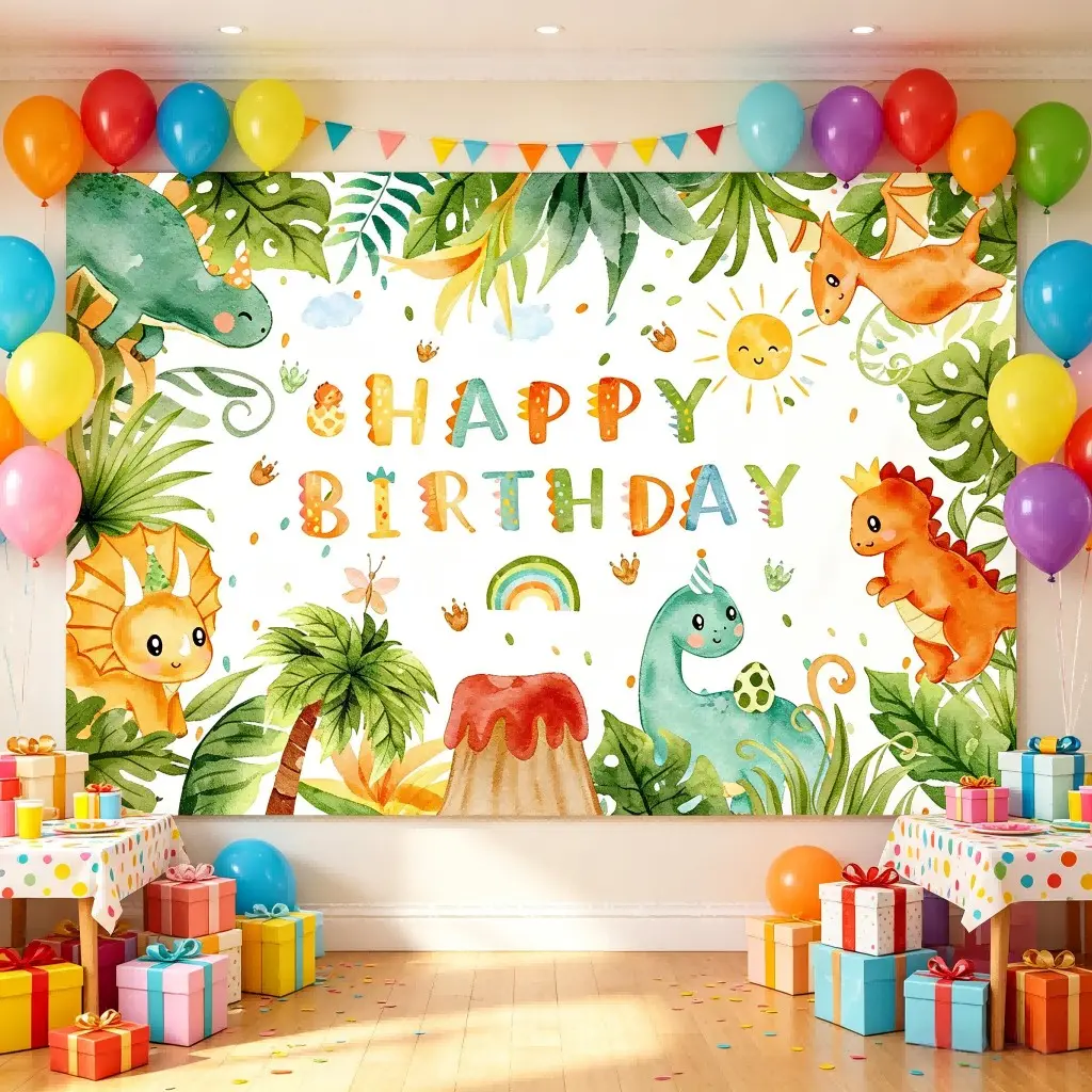 Cute Dinosaur Birthday Background Cloth, Base with Tropical Plants, Polyester Fiber, Large Rectangular Design, Ideal for Kids Parties, Party Decor, Birthday Backdrop, Polyester Fabric Backdrop