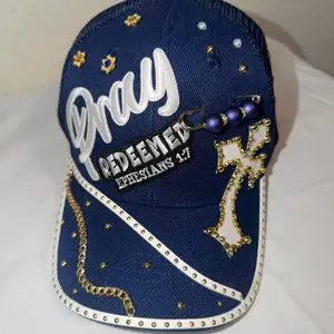 Navy Blue Prayer Trucker Hat with "Pray Redeemed" Text and Cross Design!