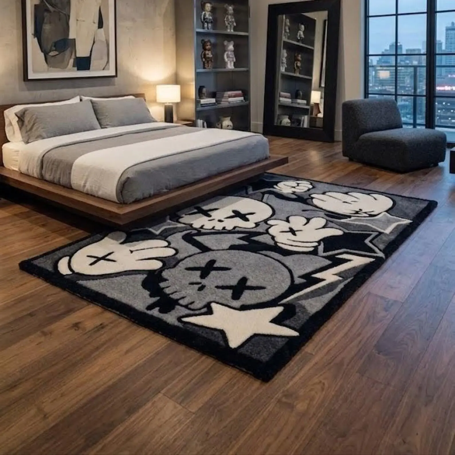 Handmade Streetwear Skull Tufted Rug, Black Grey Cartoon Carpet, Gaming Room Decor