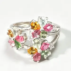 3D Flower Cluster Tourmaline Ring 925 Sterling Silver Adjustable | 15 Pear-Cut Natural Tourmalines with CZ Accents Statement Ring
