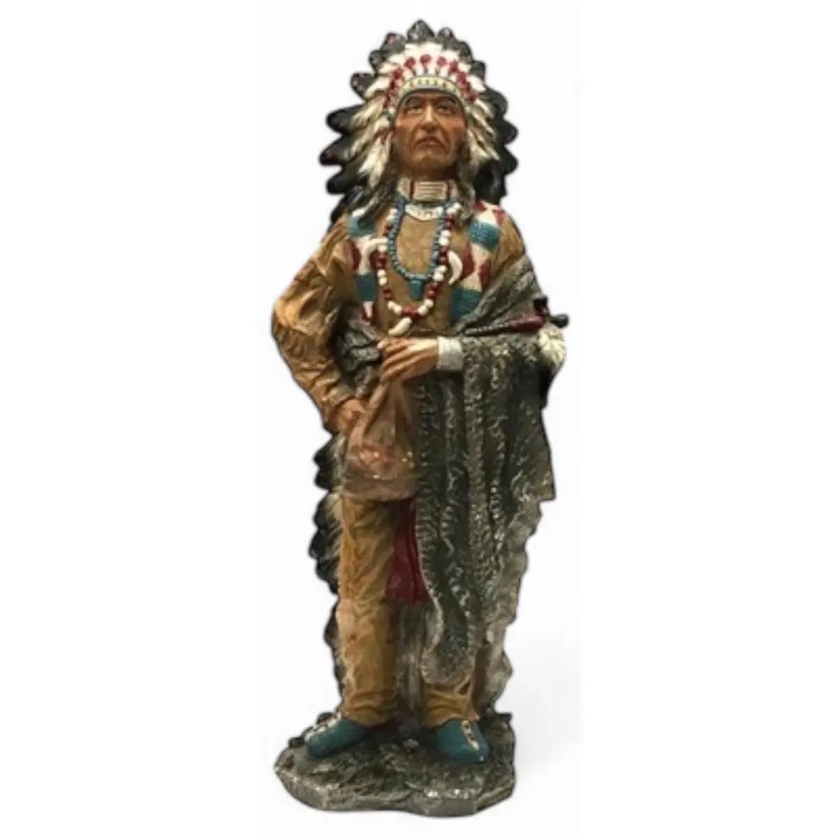 Standing Native American Warrior Figurine - 21in Decorative Religious Decoration with Feather Headdress, Pipe, Medicine Pouch, Blanket, Home Decor Ornaments, Gift for Home Supplies
