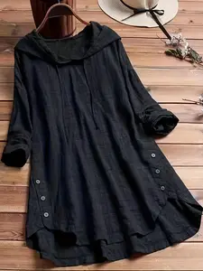 Plus Plaid Print Drawstring Button High Low Hooded Blouse, Casual Chic Drop Shoulder Long Sleeve Top Womenswear for Spring & Fall, Women's Clothes for Daily Wear