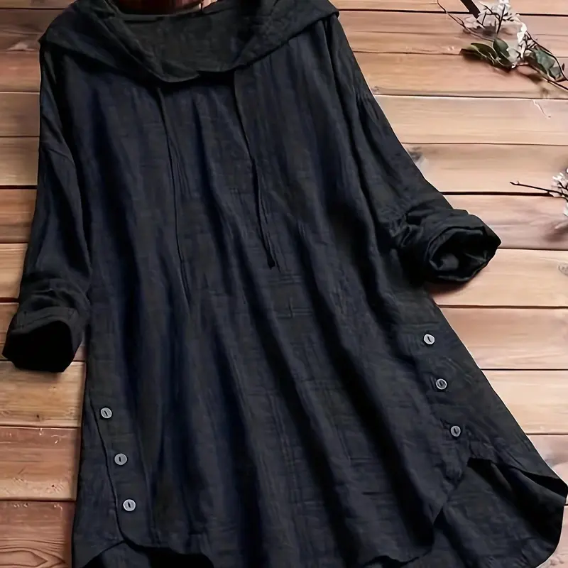 Plus Plaid Print Drawstring Button High Low Hooded Blouse, Casual Chic Drop Shoulder Long Sleeve Top Womenswear for Spring & Fall, Women's Clothes for Everyday Wear Casual Hoodie Tops