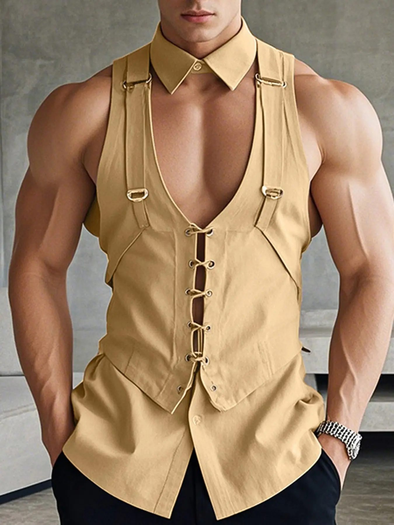 INCERUN Men's Fashion Solid Color Vest, Stylish Eyelet Design Shirt Collar Sleeveless Cut Out, Daily Commute Wear, Street Style Fitted