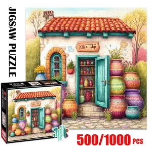 1pc 1000 piece adult puzzle 58x58cm Colorful Vase - Filled Shop with Arched Window and Orange - Tiled Roof 500 pieces of paper puzzle, suitable for adults and families, large-scale DIY puzzle i