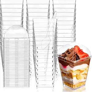 50 Pack 5oz Clear Dessert Cups with Round Lids & Spoons - Reusable Parfait Cups & Mousse Cups, Mini Shot Glasses, Suitable for Parties, Layered Desserts and Tasting, Perfect for Parties, Weddings and Birthday Gatherings