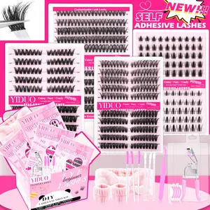 YIDUO 4 Boxes Self-Adhesive Lash Clusters Kit - 8 Styles 40D/60D/100D/Manga Mix Wispy Press-On Lashes, Pre-Glued DIY Eyelash Extensions, 8-16mm D Curl, No Glue Needed Individual Lash Extension Kit with Tools, Easy Application Gift Packs