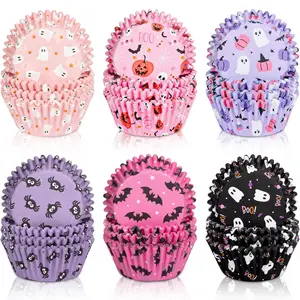 300Pcs Halloween Cupcake Liners Pumpkin Ghost Spider Web Bat Paper Baking Cups Pink Purple Orange Standard Muffin Cupcake Wrappers for Party Supplies Table Decor