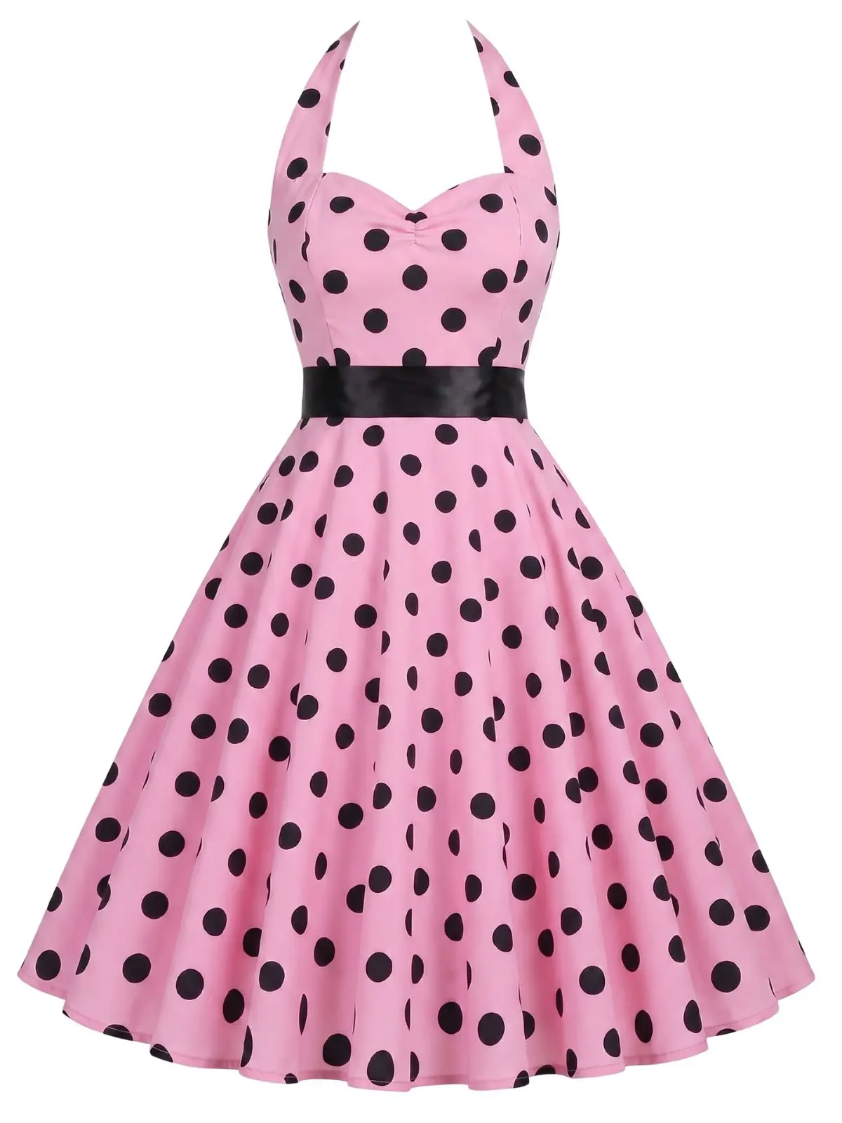 RETRO STAGE Women's 1950s Vintage Polka Dot Halter Neck Cotton Casual Dress - Sleeveless, Cold Shoulder, A-Line Knee-Length, Bow Accent, Flared Skirt - Cute, Casual Wear, Stylish Women's Wear, Valentine's Day Use - Pink (Care Tip: Do Not Bleach)