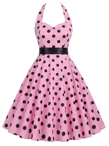 RETRO STAGE Women's 1950s Vintage Polka Dot Halter Neck Cotton Casual Dress - Sleeveless, Cold Shoulder, A-Line Knee-Length, Bow Accent, Flared Skirt - Cute, Casual Wear, Stylish Women's Wear, Valentine's Day Use - Pink (Care Tip: Do Not Bleach)