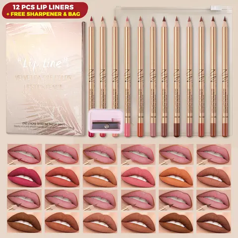 Women's 12PCS Matte Cosmetic Lip Liners Set with Sharpener - 2-in-1 Liner+Lip Pencil, BPA-Free, Alcohol Free, Brown Shade Included, Daily Nude Red Natural Lip Makeup Kit for Adults