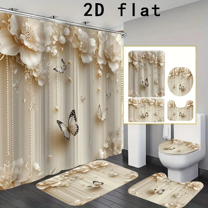 Ahty 1pc/4pcs Luxury Window Design 2D Flat Printed Shower Curtain Set, Bathroom Decoration Kit Includes Bathtub Liner, Non-Slip, Toilet Cover, & 12 Plastic Hooks, Home Additions