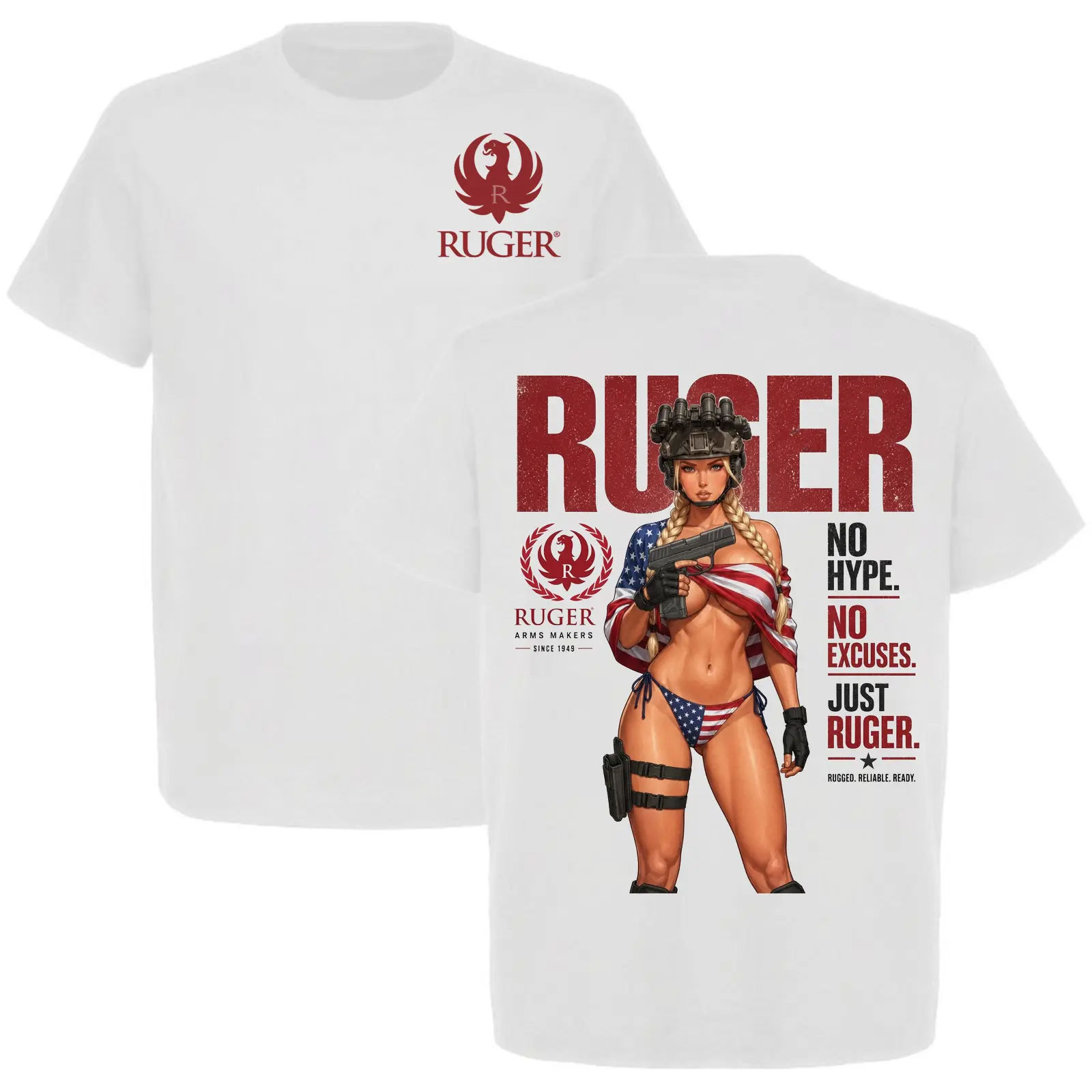 Ruger No Hype No Excuses Men’s Patriotic Graphic T-Shirt, American Flag Tactical Girl 2A Gun Lover Tee