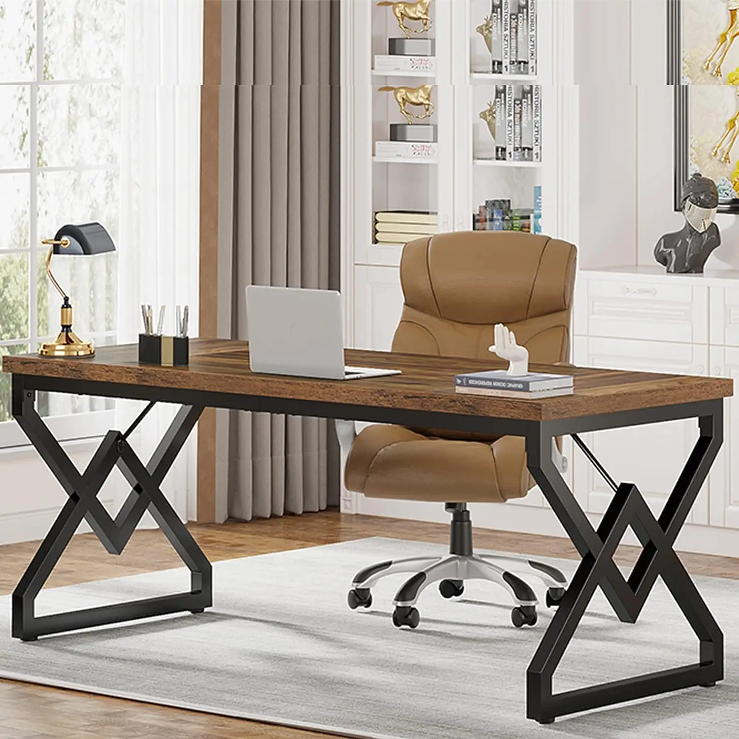 Tribesigns 63 Inch Executive Desk, Large Office Computer Desk with Extra Thick Wooden Tabletop and Metal Frame, Modern Simple Workstation Writing Tabl