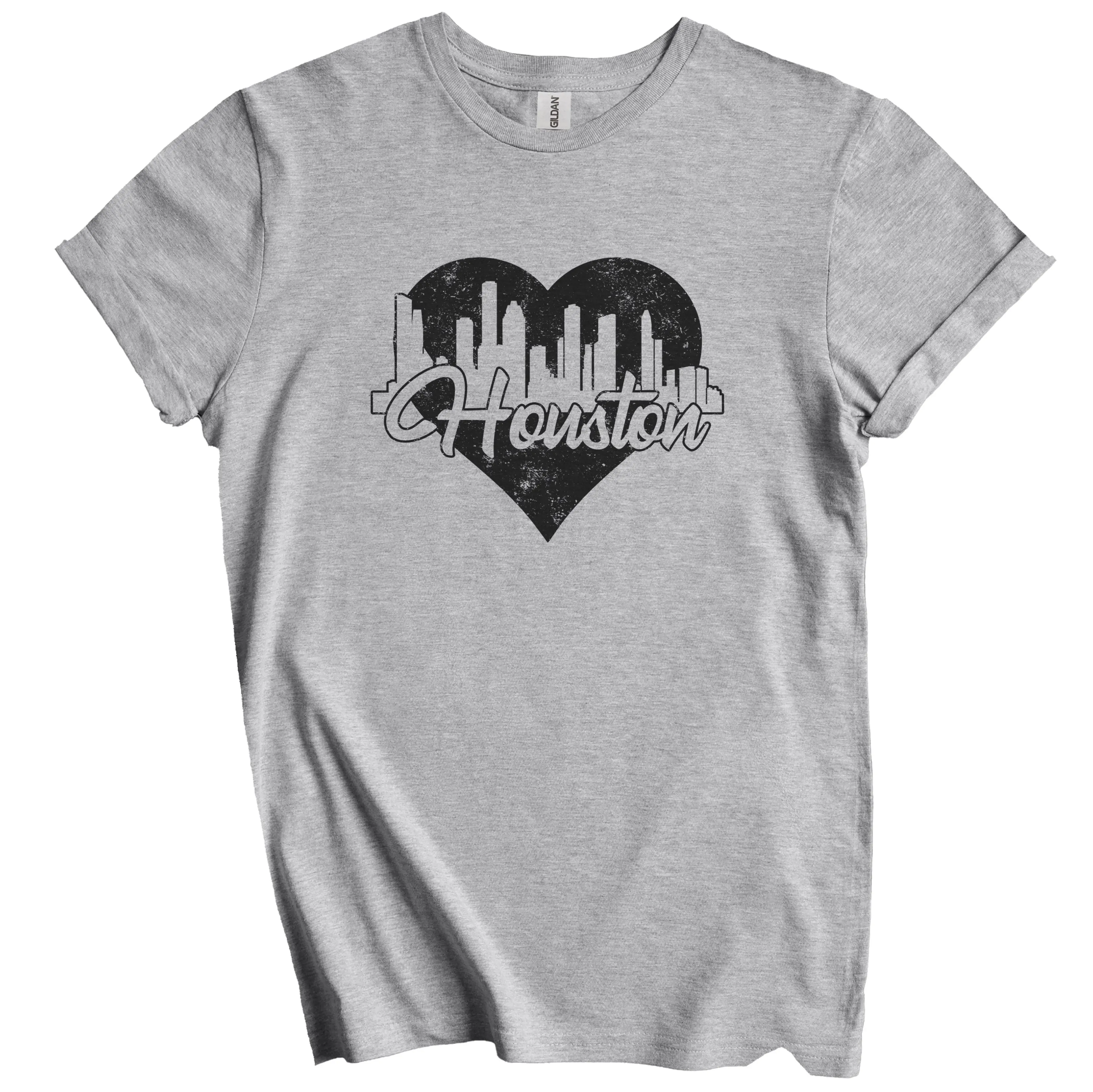 Retro Houston Texas Skyline Heart Distressed T-Shirt