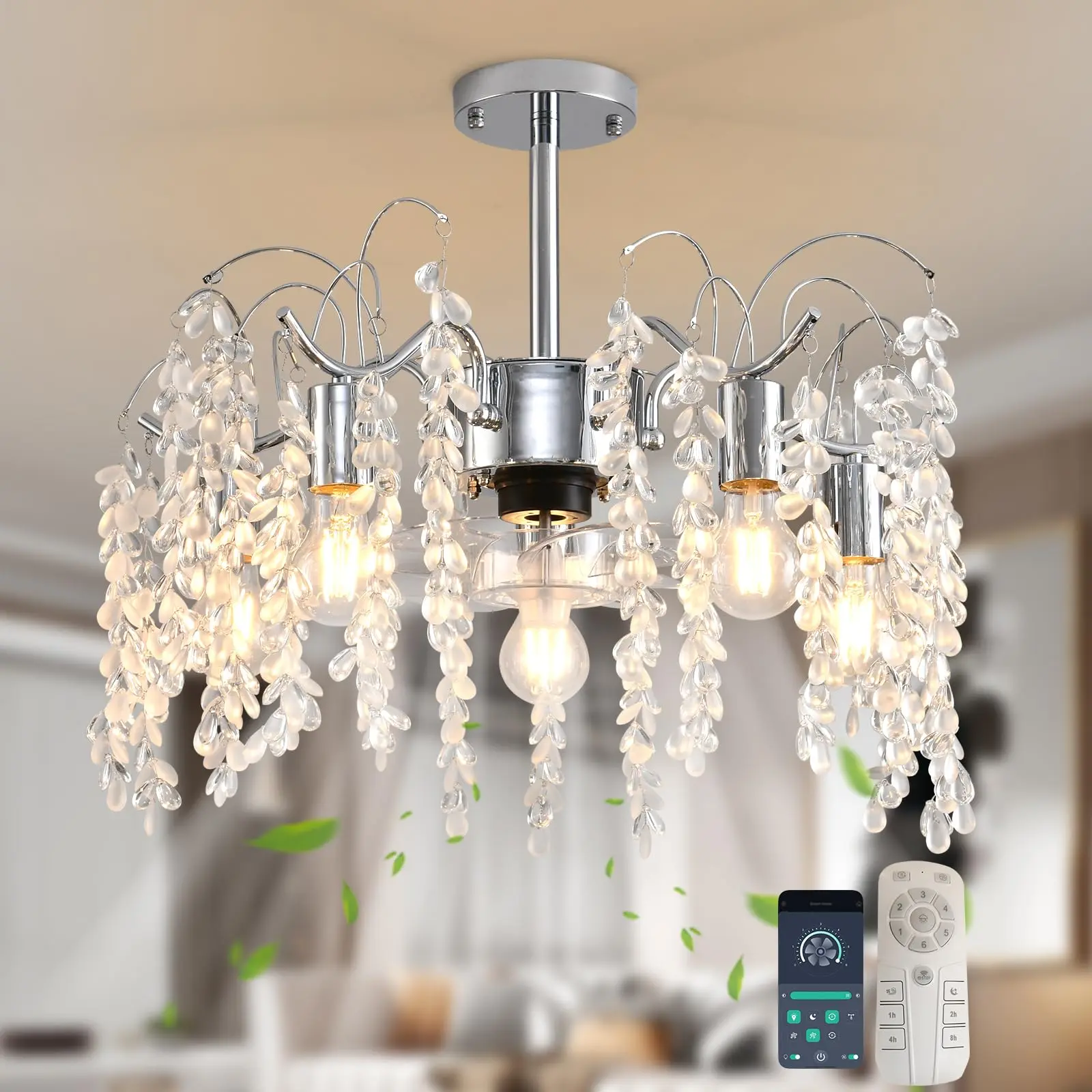 20in Chrome Metal Fan-Light Combo, Modern Crystal Chandelier Lamp with Ceiling Lighting, Remote Control, 6 Speeds & Timing for Bedroom, Living Room (Easy Blade Clean)