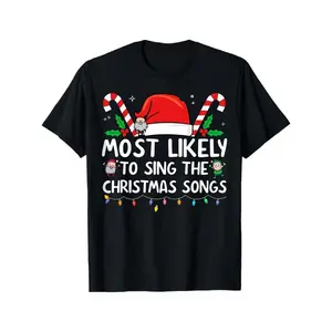 Men'S Funny Christmas Singing T-Shirt - Most Likely to Sing The Christmas Songs Graphic Tee - Black Crewneck Short Sleeve Shirt with Santa Hat & Microphones - Breathable Slim Fit Top for Holiday Parties, Choirs, Karaoke - Funny Xmas Gift for Singers