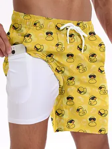 Men's Sunglasses Duck Print Shorts, Casual Fitted Short Pants with Compression Lining & Storage Bag, Quick-Dry Fabric, Natural Waist