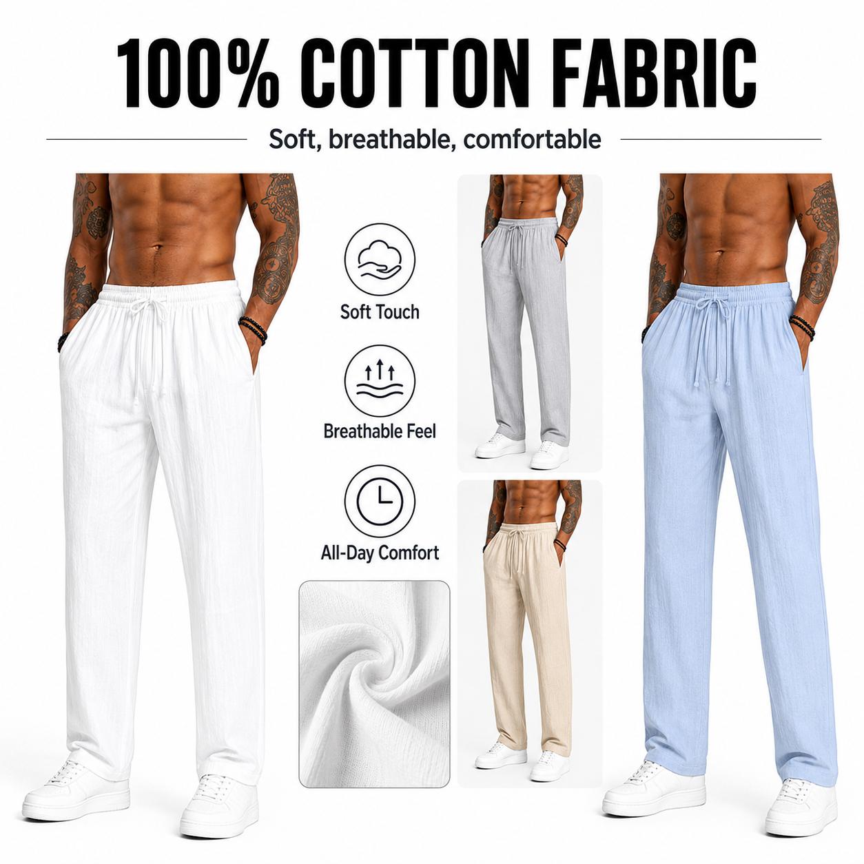 3-pack men’s casual pants, 100% cotton-linen comfortable, soft, breathable, lightweight drawstring pants with pockets, suitable for summer everyday wear, sports, leisure, and outdoor beach activities.