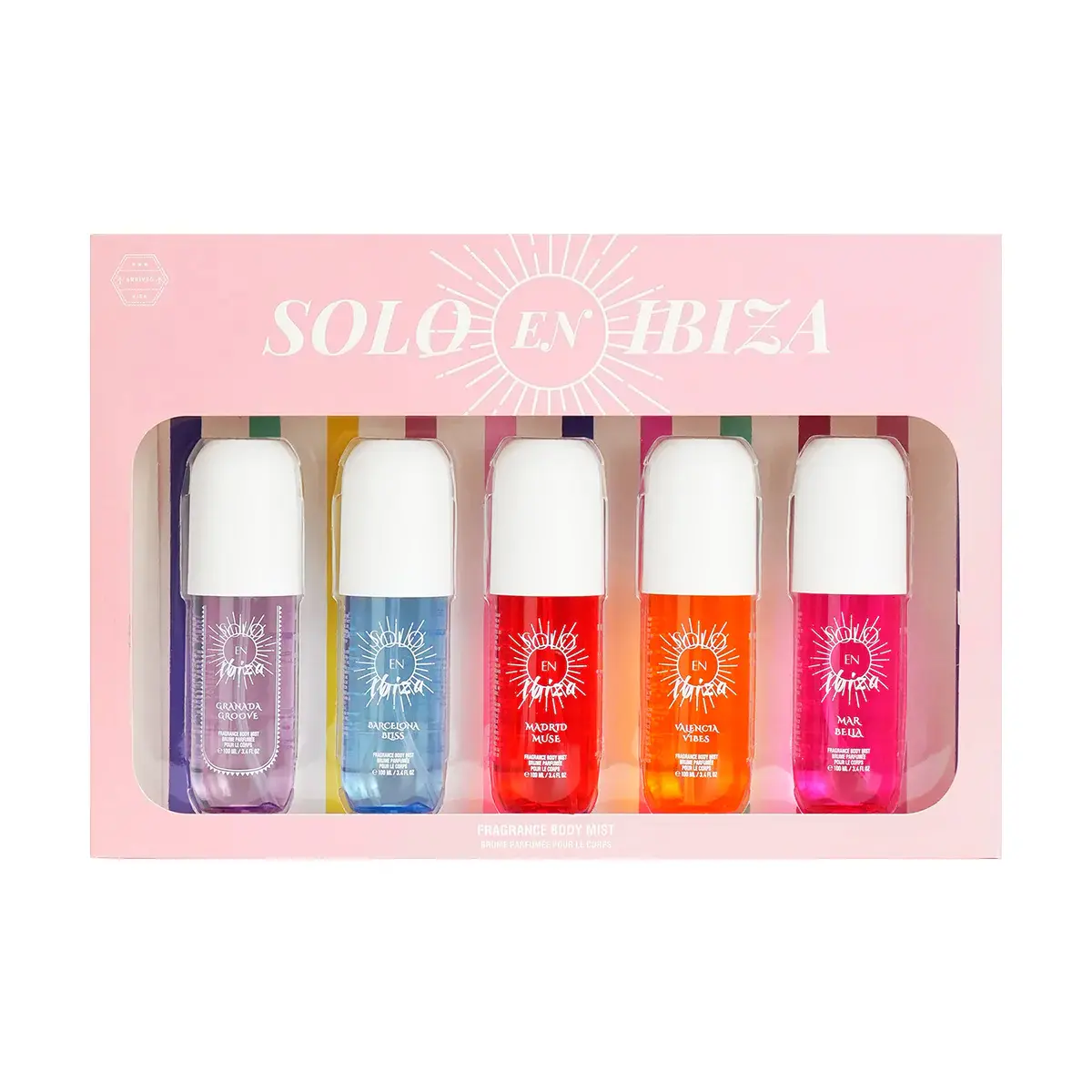 SOLO EN IBIZA Hair & Body Mist Gift Set, 5 x 100 ml Cruelty-Free Mist Spray Bottles with Fruity, Floral, Amber & Vanilla Scents