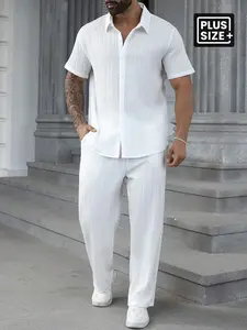 Men's Plus Size Casual Set, Simple Solid Color Plain Fashion Suit, Button-Up Shirt & Matching Pants, Soft Comfortable Breathable Fabric, Perfect for Summer