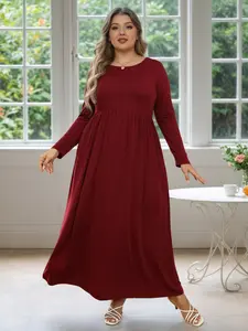 Women's Round Neck Stretchy Casual Long Plus Size Dress, Perfect for Bridesmaids, Vintage Style Wedding & Party Wear, Comfortable Fabric