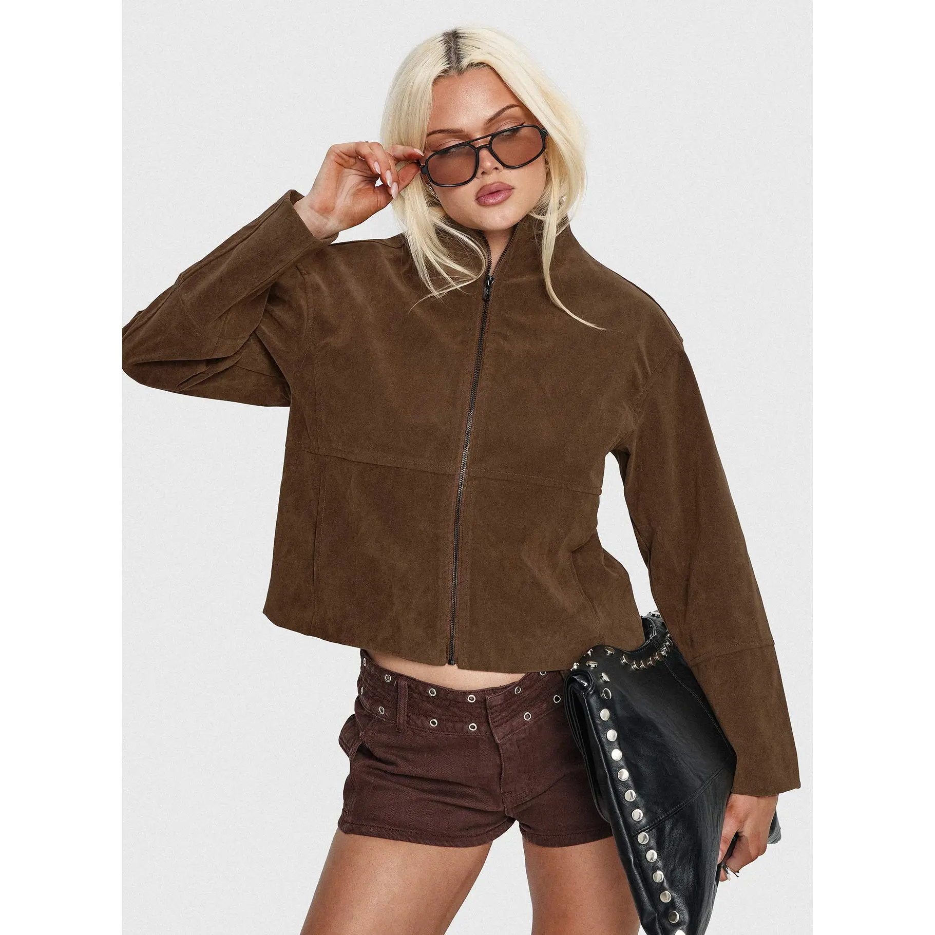 Jessalynn Faux Suede Zip Through Jacket Brown - TikTok Shop