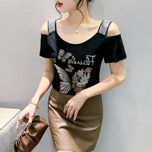 2026 Summer New Arrival: Intricately Embellished, Double-Layered "Ice Silk" Mesh Top — Stylish Short-Sleeve Blouse with Off-Shoulder Design and Elegant Back Detail