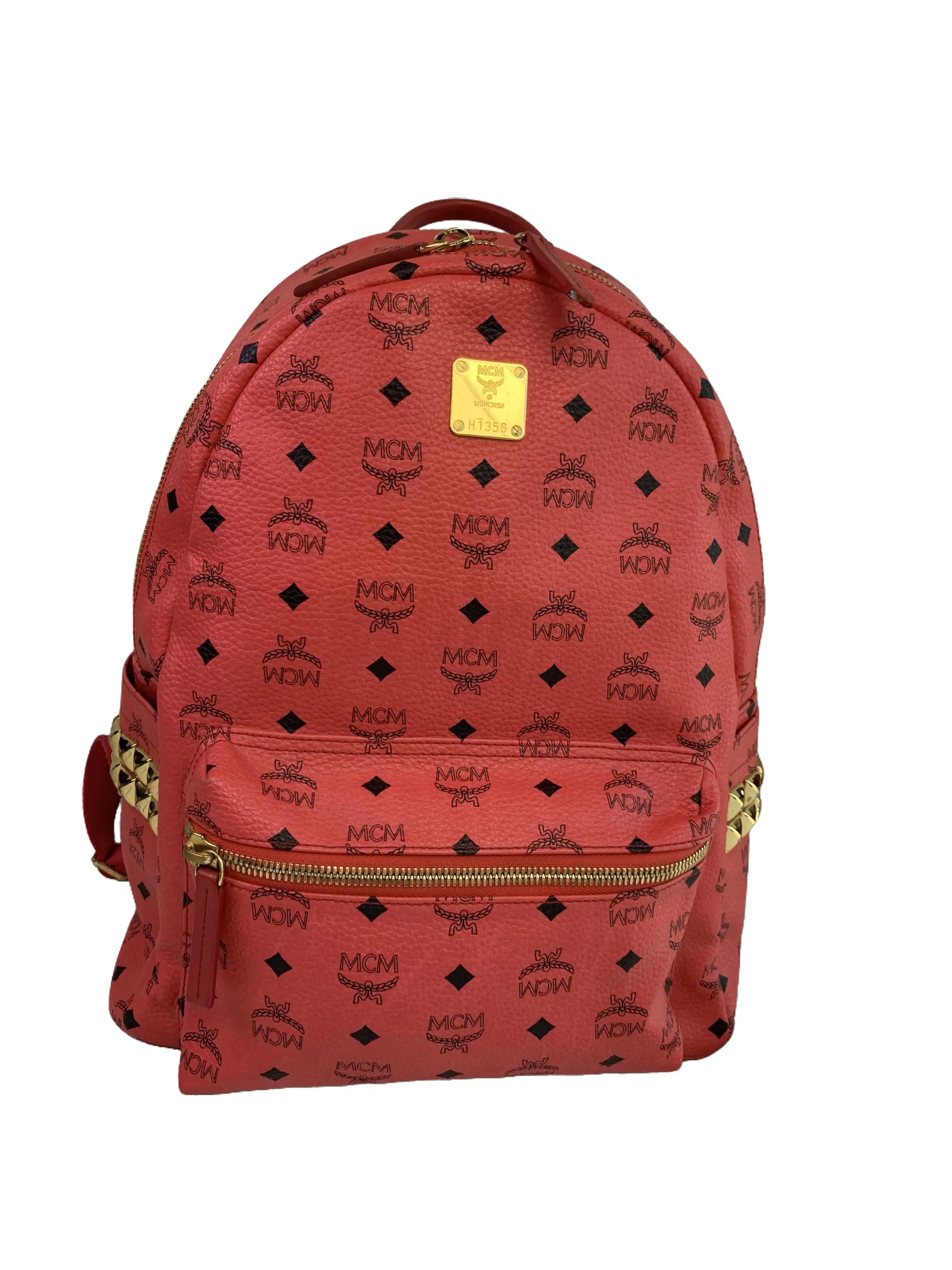 Pre-owned MCM Red Visetos Studded Backpack/wj07618003/8003