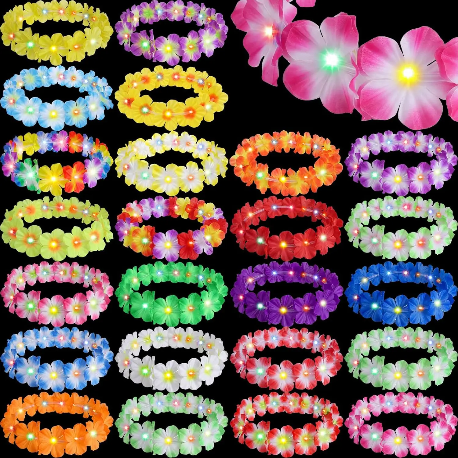 Retrowavy 24-Pcs Polyester LED Light Floral Hair Accessories - Adjustable 18-Inches Costume Headpiece, Vibrant Luminous Fairy Crown Wreath for Wedding Hanging Decor (Colorful)