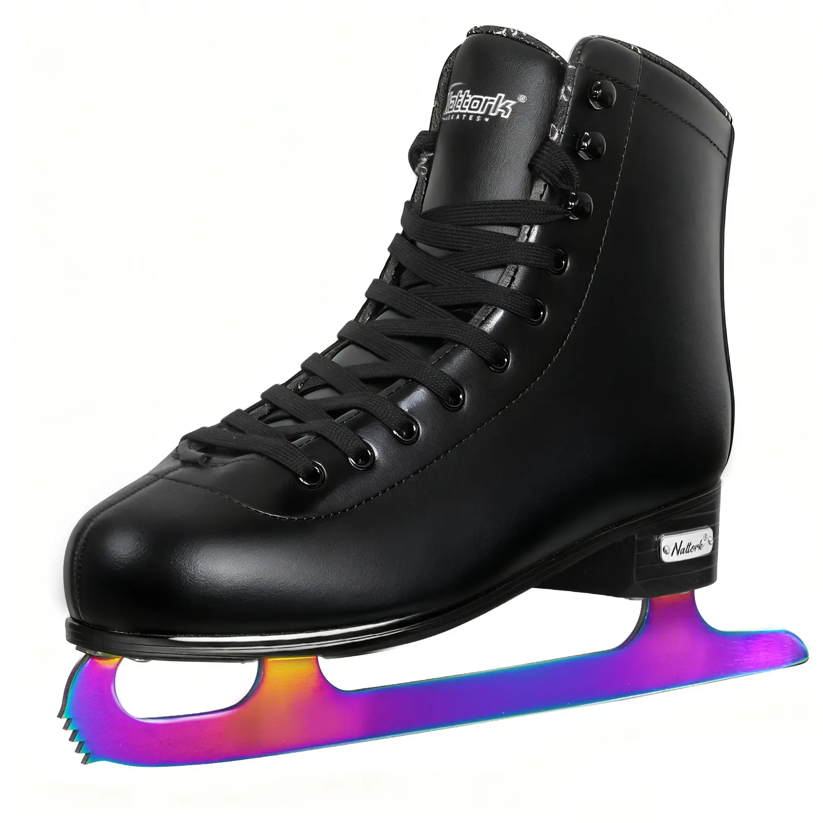 Nattork Adult Figure Ice Skates, Solid Black PU Leather with Reinforced Ankle Support, Breathable Lining, Secure Fit, and Easy to Sharpen Steel Blades for Beginners, Closed, Ice Skating, Recreational Skating, Riveted Sole, Intermediate Ice Skaters
