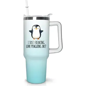 30 oz Penguin Tumbler with Handle and Straw, Vacuum Insulated Water Bottle Stainless Steel, Leak Proof Travel Coffee Mug Gifts for Penguin Lover,Cute Cup for Home Office Car Outdoors Sports
