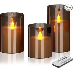 Flameless Candles 4" 5" 6" Set of 3 Acrylic Glass Pillars 3" Diameter Battery Operated Flickering Gray Candles Include Remote Timer for Home Decor Wedding Festival Cafe Restaurant