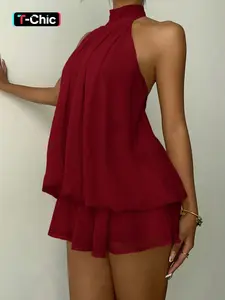 Women's Simple Solid Backless Halter One-Piece Jumpsuit, Chic Elegant Ruffle Design, Perfect for Casual Wear, All Seasons Fashion, Womenswear