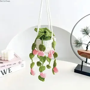 Crochet Hanging Plant Car Ornament, Handmade Boho Basket Rearview Mirror Charm, Cute Aesthetic Knitted Car Decor, Soft Plant Accessory for Dashboard, Gift Idea for Women, Daily Mood Boost