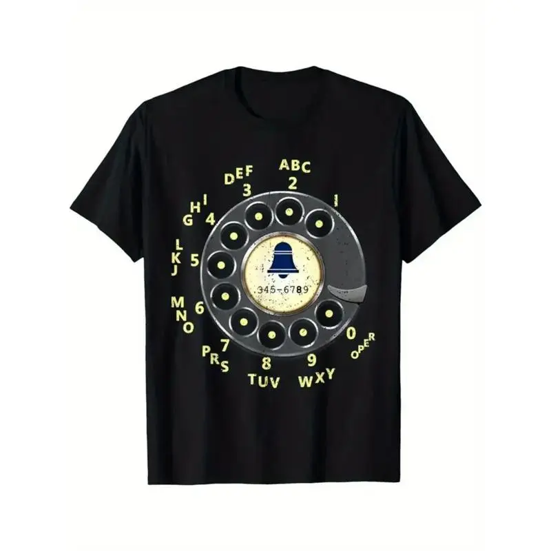 Menswear 100% Cotton Round Neck Short Sleeve T-Shirt - Retro Dial Phone Graphic Funny Design, Regular Fit Casual Top, Ideal for Valentine's Day, Father's Day Streetwear, Shortsleeve