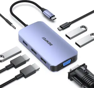 BENFEI USB C Docking Station, 8-in-1 USB C Hub with Triple Display Dual HDMI, VGA, 3*USB 3.0, 100W Power Delivery, 3.5mm AUX Audio Compatible with MacBook Pro, XPS and More