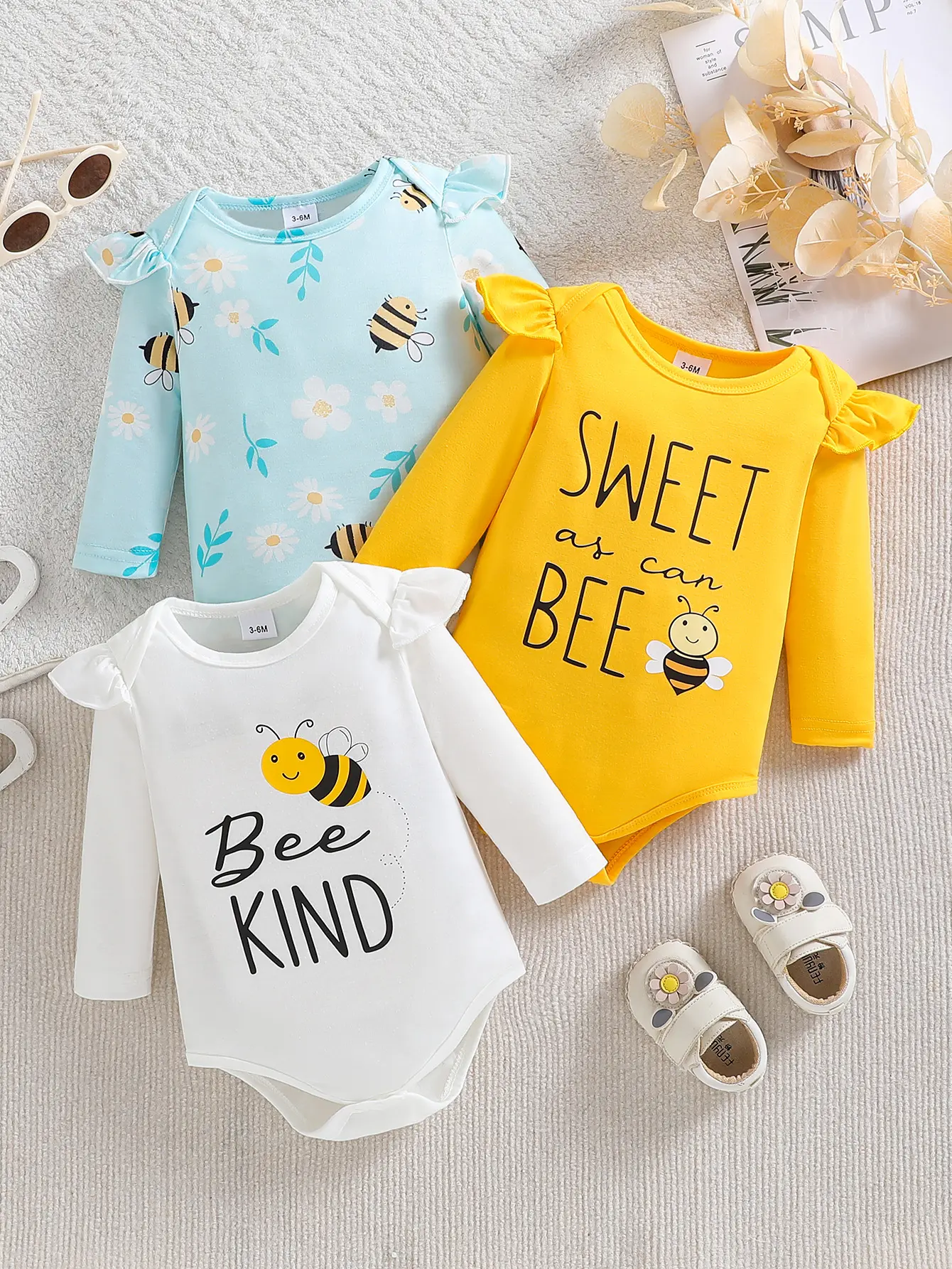 Baby Spring and Autumn Cute Cross border Long sleeved Solid Color Bee Flower Printed jumpsuit for girls Comfortable Triangle Ha Clothes