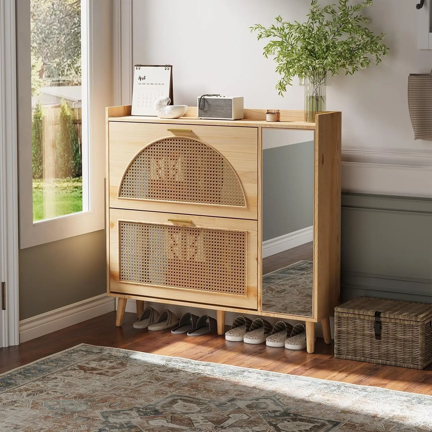 Natural Rattan Shoe Storage Cabinet, Freestanding Hidden Shoe Rack Cabinet with 2 Flip Drawers, Mirror & Adjustable Shelves for Entryway, Hallway, Closet, Living Room