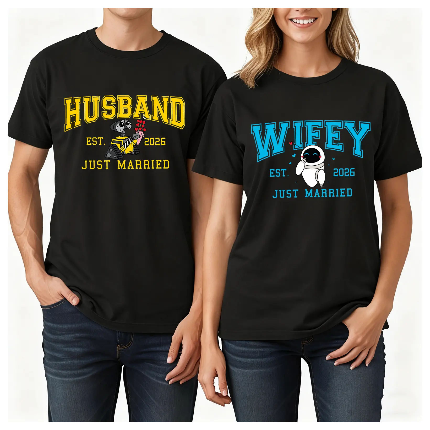 Husband Wifey Wall-E And Eva Couple T-Shirt, Vintage Wall-E Eva Just Married Couple Tee, Couple Matching Tee, 100% Cotton Valentine Shirt Gift - 1piece
