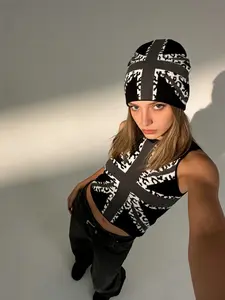 Unisex Rhinestone Beanie Hat, Stretch Fit Street Style Accessory, All-Seasons Fitted Knitwear, Cross Graffiti Print Design