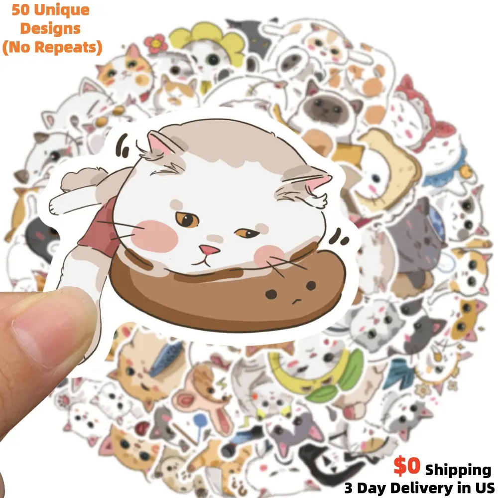 52 PCS Cute Cartoon Cat Stickers - 4-8cm Varied Kawaii Food & Daily Life Themed, Waterproof PVC Matte Reusable Cute Accessories for Laptop, Water Bottle, Fridge Decor, Ideal for Cat Lovers