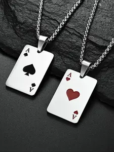 Men's Stainless Steel Silver Color Poker Card Pendant Necklace, Casual Fashion Jewelry for All Seasons, Perfect Gift Idea, Necklace Chain