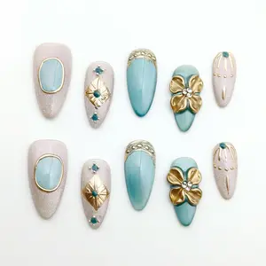 Moonovate - BLOSSOM 10pcs Handmade Press On Nails Almond Nails REUSABLE 3D Gel Fake Nails Acrylic Press On Nails