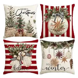 4pcs Christmas Pillow Cover, Decorative Accessories, Potted Christmas Tree Decorative Sofa Cushion Cover, Star shaped Decoration, Pine Branch, Red Berry Single sided Printing, Home Sofa Decoration (without Pillow Core)