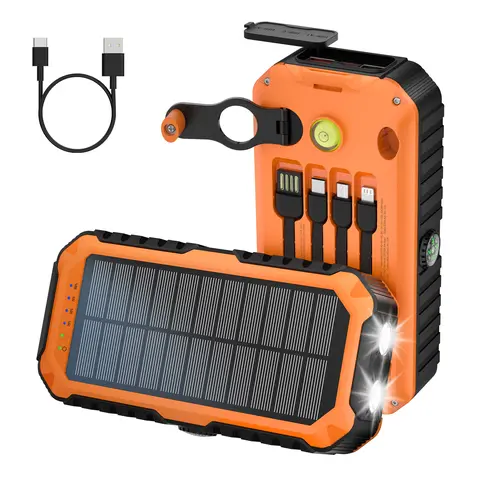 RETMSR 40000mAh Lithium Power Bank Charger - 20W PD Fast Charging, Hand Crank Solar, Built-in 4 USB Cables, LED Flashlight, Compass, Waterproof Emergency Accessory for Camping (Orange, Compatible with iPhone Samsung)