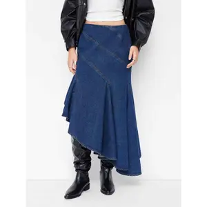 Cider Denim Mid Rise Asymmetrical Ruffle Hem Mermaid Midi Skirt SwimWeek