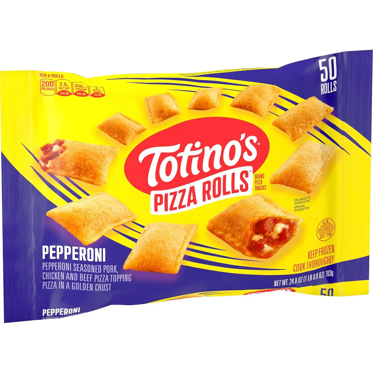 Totino's Pizza Rolls, Pepperoni, Frozen, 50 Rolls, 24.8 oz | Pepperoni Filling, Crispy Golden Pockets, Microwave, Oven, or Air Fryer, Great With Dips