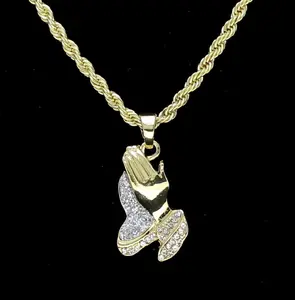 MaxBling81 Iced Gold Silver Plated Prayer Hands Charm Pendant Hip Hop Chain Link Necklace, 18"-24" Multi-Size, 4mm Rope Chain, 109G Unisex Costume Fashion Accessory, Chain Link Necklaces